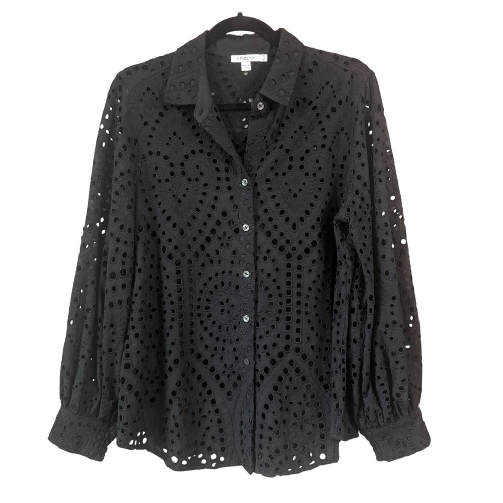 Chico’s Black Eyelet Bishop Sleeve Button Up Blouse‎ US Size 10